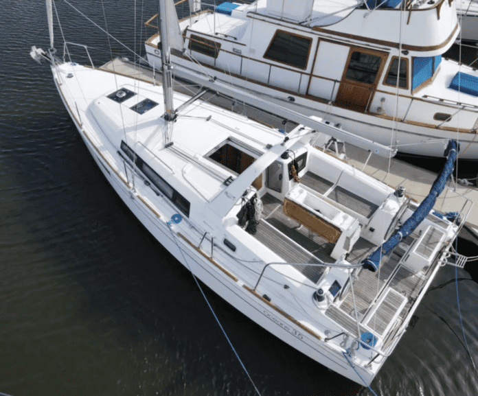 This 2016 Beneteau Oceanis 35.1 has a broad, flat stern and narrow, pointed bow. While this triangular design can offer more interior space and faster speeds, sailors need to ensure the boat isn't overloaded. Photo courtesy of Boat Trader.